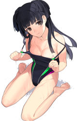 Rule 34 | 1girl, bare shoulders, barefoot, black hair, black one-piece swimsuit, breasts, brown eyes, cleavage, clothes pull, collarbone, commentary request, competition swimsuit, head tilt, highleg, highleg swimsuit, highres, idolmaster, idolmaster shiny colors, long hair, looking at viewer, mayuzumi fuyuko, medium breasts, mibu natsuki, one-piece swimsuit, one-piece swimsuit pull, simple background, sitting, smile, solo, swimsuit, two side up, wariza, wet, white background