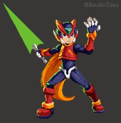 Rule 34 | animated, animated gif, cape, clenched hand, energy sword, full body, grey background, helmet, henshin, holding, holding sword, holding weapon, joey boudin, lightsaber, long hair, mega man (series), mega man zero (series), pixel art, robot, standing, sword, twitter username, very long hair, weapon, yellow cape, zero(z) (mega man), zero (mega man)