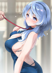 Rule 34 | 1girl, ako (blue archive), ako (dress) (blue archive), ariko youichi, backless dress, backless outfit, bare shoulders, blue archive, blue dress, blue eyes, blue hair, blurry, blurry background, blush, breasts, cleavage, commentary request, dress, hairband, hand on own chest, highres, holding, holding leash, large breasts, leash, long hair, official alternate costume, sideboob, sideless dress, sleeveless, sleeveless dress, solo focus, v-shaped eyebrows