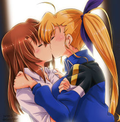 Rule 34 | 2girls, age difference, age gap, blonde hair, blush, breasts, brown hair, collared shirt, couple, closed eyes, hand on another&#039;s shoulder, highres, jacket, kiss, large breasts, long hair, lyrical nanoha, mahou shoujo lyrical nanoha, mahou shoujo lyrical nanoha vivid, military, military uniform, multiple girls, aged up, san-pon, shirt, side ponytail, simple background, sweat, track jacket, track suit, uniform, vivid strike!, vivio, yagami hayate, yuri