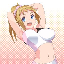 Rule 34 | 1girl, :d, armpits, arms behind head, bad id, bad pixiv id, bike shorts, blue eyes, bouncing breasts, breasts, brown hair, gundam, gundam build fighters, gundam build fighters try, hoshino fumina, impossible clothes, large breasts, looking at viewer, midriff, navel, open mouth, ponytail, samonegi, scrunchie, smile, solo, sports bra, two-tone sports bra