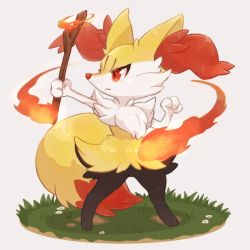 Rule 34 | animal ear fluff, braixen, closed mouth, commentary request, creatures (company), fire, flower, full body, game freak, gen 6 pokemon, grass, holding, holding stick, looking to the side, nintendo, oniwa nwai, orange eyes, pokemon, pokemon (creature), solo, standing, stick, white background, white flower, white fur