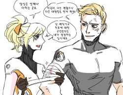 Rule 34 | 1boy, 1girl, aged down, angry, bad id, bad twitter id, bandaged arm, bandages, blonde hair, blue eyes, glaring, grin, korean text, lillu, mercy (overwatch), overwatch, overwatch 1, ponytail, short hair, sketch, smile, soldier: 76 (overwatch), translated