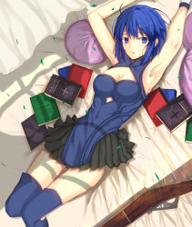 Rule 34 | 1girl, :o, armpits, arms up, bible (object), black skirt, blue dress, blue eyes, blue hair, blue thighhighs, blush, book, breasts, ciel (tsukihime), clothing cutout, commentary request, cross, curtains, dress, gloves, gun, iro (sekaixiro), looking at viewer, lying, medium breasts, miniskirt, official alternate costume, on bed, pillow, pleated skirt, powered ciel, shadow, short hair, skirt, sleeveless, sleeveless dress, solo, sunlight, thighhighs, tsukihime, tsukihime (remake), weapon, white gloves