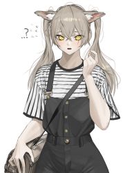 Rule 34 | 1girl, absurdres, animal ear fluff, animal ears, bag, blush, brown hair, fox ears, girls&#039; frontline, hair between eyes, hand up, highres, long hair, norunollu, open mouth, shirt, short sleeves, shoulder bag, simple background, solo, striped clothes, striped shirt, twintails, ump45 (girls&#039; frontline), white background, yellow eyes