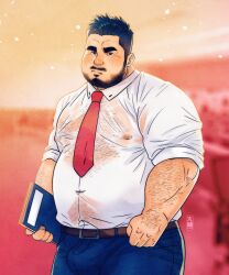 Rule 34 | 1boy, absurdres, arm hair, bara, beard, belly, belt, black hair, bulge, chest hair, clenched hand, covered erect nipples, covered navel, daisukebear, denim, facial hair, fat, fat man, frown, hairy, highres, jeans, large pectorals, looking at viewer, male focus, mature male, muscular, muscular male, mustache, navel, navel hair, necktie, original, pants, pectorals, pout, red necktie, salaryman, see-through, shirt, short hair, sideburns, sleeves rolled up, solo, thick thighs, thighs, topless male, wet, wet clothes, wet shirt