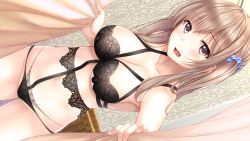 Rule 34 | 1girl, ai kiss 2, armpits, blonde hair, blush, bra, breasts, brown eyes, cleavage, curtains, female focus, from above, game cg, garter belt, giga (company), groin, head tilt, indoors, kirisawa saki, large breasts, legs, light blush, lingerie, long hair, looking at viewer, navel, open mouth, original, panties, sakurada an, solo, standing, thighs, twintails, underwear, underwear only