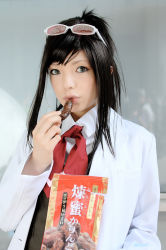 Rule 34 | 1girl, ace attorney, apollo justice ace attorney, asian, black hair, blue eyes, capcom, color contacts, cosplay, ema skye, ema skye (cosplay), eyewear on head, food, lab coat, long hair, looking at viewer, namada, outdoors, photo (medium), solo, sunglasses, vest