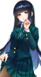 Rule 34 | 1girl, absurdres, alternate costume, black coat, black hair, black pantyhose, black ribbon, black skirt, blazer, blue hair, blunt bangs, bocchi the rock!, closed mouth, coat, collared shirt, colored inner hair, commentary request, cowboy shot, ear bar, green eyes, hand up, highres, jacket, lapels, long sleeves, looking at viewer, mouth piercing, multicolored hair, neck ribbon, pa-san, pantyhose, pleated skirt, ribbon, shirt, simple background, skirt, skirt hold, smile, solo, two-tone hair, white background, white shirt, yozakurayuyu