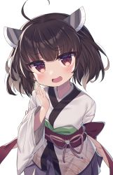 Rule 34 | 1girl, :d, ahoge, blush, brown eyes, brown hair, commentary request, headgear, highres, japanese clothes, kimono, long sleeves, looking at viewer, obi, open mouth, pleated skirt, purple skirt, sash, simple background, skirt, smile, smug, solo, touhoku kiritan, voiceroid, wagashi928, white background, white kimono, wide sleeves