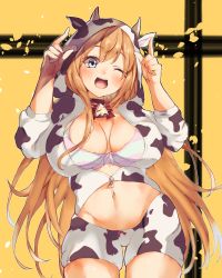 Rule 34 | 1girl, ;d, animal print, bell, bikini, blue eyes, bow, bowtie, breasts, choker, commentary request, cow hood, cow horns, cow print, hands up, highres, hood, hooded jacket, horns, index finger raised, jacket, junmaachi, large breasts, long hair, navel, neck bell, one eye closed, open mouth, orange hair, pecorine (princess connect!), princess connect!, red bow, red bowtie, smile, solo, striped bikini, striped clothes, swimsuit, thighs, yellow background