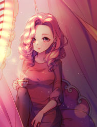 Rule 34 | 1girl, artist request, blush, borrowed character, bow, breasts, brown pantyhose, closed mouth, commission, cup, curly hair, curtains, dappled sunlight, day, dress, earrings, forehead, gem, glint, highres, holding, holding cup, hyanna-natsu, indoors, jewelry, knee up, lens flare, light particles, long hair, long sleeves, looking at viewer, medium breasts, original, pantyhose, pillow, pink hair, red bow, red dress, red eyes, red gemstone, red hair, red lips, red theme, ring, sleeves past elbows, small breasts, solo, steam, sunlight, teacup