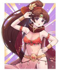 Rule 34 | 1girl, :o, arm up, armor, bare shoulders, border, breastplate, breasts, bridal gauntlets, brown eyes, brown hair, circlet, covered navel, earrings, emphasis lines, fire emblem, fire emblem: mystery of the emblem, fire emblem: shadow dragon and the blade of light, fire emblem heroes, gold trim, high ponytail, highres, jewelry, kutabireta neko, leotard, linde (fire emblem), linde (khadein) (fire emblem), long hair, looking at viewer, medium breasts, nintendo, official alternate costume, open mouth, pink leotard, purple background, solo, standing, very long hair, white border
