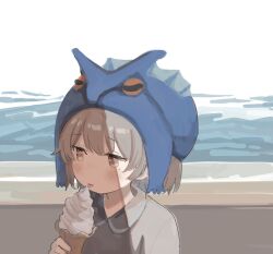 Rule 34 | 1girl, abstract background, alternate costume, blue headwear, blush, brown eyes, brown hair, collared shirt, eating, food, frog hat, grey shirt, hand up, hatoba tsugu, highres, holding, holding ice cream cone, ice cream, ice cream cone, licking, looking to the side, medium hair, mole, mole under eye, nprmtp, railing, shirt, soft serve, solo, tongue, tongue out, tsugu (vtuber), upper body, virtual youtuber