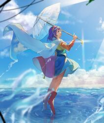 Rule 34 | 1girl, absurdres, blue hair, blue sky, boots, cape, cloud, commentary request, from side, full body, hairband, high heels, highres, holding, holding umbrella, long sleeves, maisuiren, multicolored clothes, multicolored hairband, outdoors, short hair, sky, solo, tenkyuu chimata, touhou, umbrella, white cape