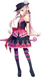 Rule 34 | 1girl, animal, blush, boots, bow, bowtie, breasts, cat, dress, frills, full body, gloves, hat, highres, holding, kawata hisashi, lolita fashion, long hair, looking at viewer, lucy maria misora, open mouth, pantyhose, pink hair, red eyes, small breasts, striped clothes, striped legwear, striped pantyhose, to heart (series), to heart 2, to heart 2 dungeon travelers, transparent background, umbrella