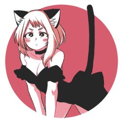 Rule 34 | 1girl, 326xxx1, all fours, animal ears, bare arms, bare legs, barefoot, black dress, bob cut, boku no hero academia, breasts, cat ears, cat girl, cat tail, closed mouth, dress, eyebrows, greyscale, hands on floor, highres, monochrome, red background, redrawn, short hair, sidelocks, simple background, solo, strapless, strapless dress, tail, uraraka ochako