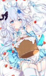 Rule 34 | 1girl, absurdres, ahoge, animal ears, blue dress, blue eyes, blush, bow, cat ears, cat tail, commission, dress, flower, food, fruit, garter straps, hair bow, hair flower, hair ornament, hairclip, highres, long hair, looking at viewer, lying, on back, original, picnic basket, shiro9jira, skeb commission, smile, strawberry, tail, thighhighs, white hair, white thighhighs