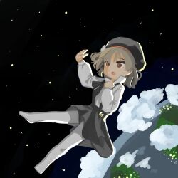 Rule 34 | 1girl, :o, beret, black hat, black skirt, brown eyes, brown hair, cloud, commentary, earth (planet), floating, full body, hand on own chest, hat, hatoba tsugu, highres, medium hair, mole, mole under eye, no shoes, open mouth, outstretched hand, pantyhose, planet, shirt, sidelighting, single hair ring, skirt, sky, solo, space, star (sky), starry sky, suspender skirt, suspenders, testest, tsugu (vtuber), virtual youtuber, white pantyhose, white shirt, zero gravity