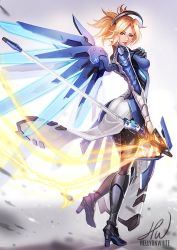 Rule 34 | 1girl, alternate costume, armor, armored boots, artist name, back, blonde hair, blue eyes, boots, cobalt mercy, full body, gloves, halo, hellyon white, image sample, long hair, mechanical halo, mechanical wings, mercy (overwatch), overwatch, overwatch 1, pantyhose, ponytail, staff, teeth, thighhighs, wings