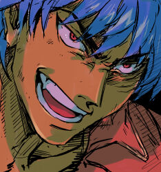 Rule 34 | 1boy, black background, blue hair, close-up, collared shirt, commentary request, facial scar, fang, furrowed brow, hatching (texture), highres, looking ahead, male focus, muscular, muscular male, open mouth, scar, scar on cheek, scar on face, shirt, simple background, solo, toriko, toriko (series), wakana kuraguchi