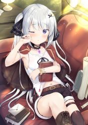 Rule 34 | 1girl, ;o, armpits, bare shoulders, belt, black choker, black nails, black shorts, black thighhighs, book, boots, bracelet, brooch, capelet, chair, choker, collarbone, commentary request, envelope, hair ornament, hair ribbon, hairclip, hand up, highres, jewelry, knee up, lamp, long hair, looking at viewer, midriff peek, nail polish, navel, one eye closed, original, parted lips, purple eyes, reclining, ribbon, scroll, shirt, short shorts, shorts, silver hair, single thighhigh, sleeveless, sleeveless shirt, solo, thigh strap, thighhighs, tomoo (tomo), twintails, very long hair, white shirt, x hair ornament