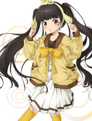 1girl :o animal_ear_hairband animal_ears aokaly black_hair blush bow commentary_request fake_animal_ears hairband hands_up highres jacket long_hair long_sleeves looking_at_viewer make_heroine_ga_oo_sugiru! nukumizu_kaju official_alternate_hairstyle pleated_skirt pompompurin shirt skirt solo thighhighs twintails white_shirt white_skirt yellow_bow yellow_jacket yellow_thighhighs