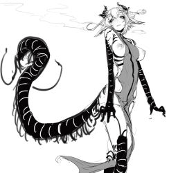 Rule 34 | 1girl, animal ears, antennae, arthropod girl, black sclera, blush, breasts, bug, centipede, centipede girl, colored sclera, dress, greyscale, highres, horns, looking at viewer, medium breasts, monochrome, monster girl, nipples, original, parted lips, pelvic curtain, side slit, sketch, solo, solopipb, standing, tail