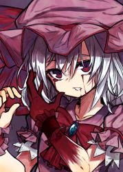 Rule 34 | 1girl, blood, blood on hands, bloody tears, blue hair, clenched teeth, hat, hat ribbon, highres, izayoi cha, looking at viewer, mob cap, puffy sleeves, red eyes, remilia scarlet, ribbon, short hair, short sleeves, solo, teeth, touhou, upper body, wrist cuffs