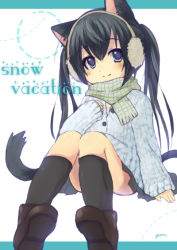 Rule 34 | 00s, 1girl, animal ears, bad id, bad pixiv id, black hair, blue eyes, blush, cat ears, cat girl, cat tail, coat, female focus, gum (vivid garden), k-on!, long hair, nakano azusa, scarf, sitting, skirt, smile, socks, solo, tail, twintails, white background, winter clothes