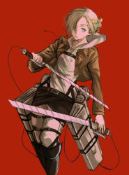 Rule 34 | 1girl, 3637 3637, annie leonhart, bad id, bad pixiv id, belt, blonde hair, blue eyes, boots, cable, dual wielding, expressionless, holding, jacket, kanro (3637 3637), red background, shingeki no kyojin, solo, strap, sword, three-dimensional maneuver gear, weapon