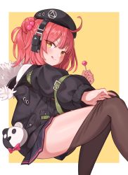 Rule 34 | 1girl, 7eddy, :p, beret, black pantyhose, candy, clothes pull, commission, food, girls&#039; frontline, gun, hat, lollipop, mp7 (girls&#039; frontline), pantyhose, pantyhose pull, pixiv commission, ponytail, red hair, solo, tongue, tongue out, weapon, yellow eyes