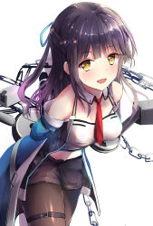 Rule 34 | 1girl, :d, anchor symbol, arms behind back, azur lane, bare shoulders, black hair, black pantyhose, black shorts, blush, breasts, chain, cleavage, cowboy shot, detached collar, gradient hair, hair ornament, highres, leaning forward, pantyhose under shorts, long hair, looking at viewer, medium breasts, mullany (azur lane), multicolored hair, navel, necktie, open mouth, pantyhose, purple hair, red necktie, rigging, shorts, smile, solo, ten0309ten, x hair ornament, yellow eyes