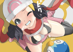 Rule 34 | 1girl, bare shoulders, between breasts, black eyes, black hair, blush, boots, breasts, cleavage, clenched teeth, covered erect nipples, creatures (company), dawn (pokemon), embarrassed, from above, game freak, gen 4 pokemon, hair ornament, hairclip, hat, makoto daikichi, medium breasts, miniskirt, nintendo, piplup, pokemon, pokemon (creature), pokemon dppt, red scarf, scarf, simple background, skirt, teeth