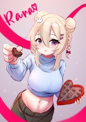 Rule 34 | 1girl, :o, absurdres, blonde hair, blue sweater, blush, borrowed character, box, braid, character name, chocolate, commentary, crop top, cropped sweater, double bun, food, gi end, grey background, hair between eyes, hair bun, heart, heart-shaped box, highres, holding, holding food, long sleeves, looking at viewer, midriff, navel, original, parted lips, purple eyes, rara (pinepin), solo, stomach, sweater, upper body