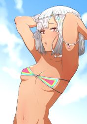 Rule 34 | 1girl, absurdres, altera (fate), arms up, breasts, bright pupils, brown eyes, choker, circlet, covered erect nipples, dark-skinned female, dark skin, fate/extella, fate/extra, fate (series), female focus, highres, medium breasts, medium hair, navel, ononaka akihiro, outdoors, parted lips, solo, strapless, tan, tube top, white hair, white pupils