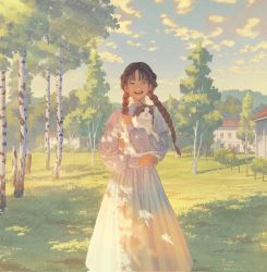 Rule 34 | 1girl, :d, animal, braid, brown eyes, brown hair, cat, cloud, cloudy sky, commentary, dappled sunlight, day, dress, eyebrows hidden by hair, grass, highres, holding, holding animal, holding cat, house, imoni (gggzooo), long dress, long hair, looking at viewer, open mouth, original, outdoors, parted bangs, sky, smile, solo, standing, sunlight, teeth, tree, twin braids, white dress
