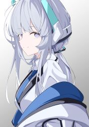 Rule 34 | 1girl, absurdres, alternate hairstyle, blue archive, blue necktie, collared shirt, grey hair, headphones, highres, jacket, looking at viewer, necktie, noa (blue archive), off shoulder, oil sob, open clothes, open jacket, ponytail, purple eyes, shirt, sidelocks, solo, upper body, white jacket, white shirt