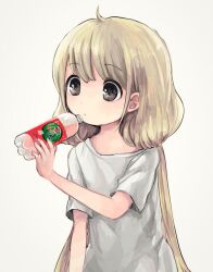 Rule 34 | 1girl, blonde hair, bottle, brown eyes, comeco, expressionless, futaba anzu, holding, holding bottle, idolmaster, idolmaster cinderella girls, long hair, low twintails, shirt, soda, soda bottle, solo, t-shirt, twintails, upper body