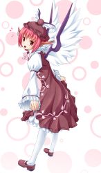 Rule 34 | 1girl, akawata, ascot, bird wings, dress, fingernails, hat, highres, juliet sleeves, leaning forward, long fingernails, long sleeves, looking at viewer, mary janes, musical note, mystia lorelei, open mouth, pantyhose, petticoat, pink hair, polka dot, polka dot background, puffy sleeves, red eyes, sharp fingernails, shoes, short hair, skirt hold, solo, touhou, wata (akawata), white pantyhose, wings