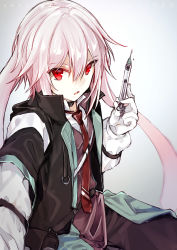 Rule 34 | 1boy, ansel (arknights), arknights, collared shirt, gloves, highres, jacket, long hair, looking at viewer, male focus, necktie, open clothes, open jacket, open mouth, pink hair, red eyes, red necktie, satoimo (3311 mi), shirt, solo, syringe, trap, white background, white gloves