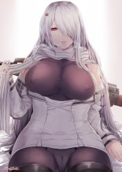 Rule 34 | 1girl, bear hair ornament, black footwear, blush, bodysuit, boots, breasts, cameltoe, clothes pull, covered erect nipples, dress, dress pull, girls&#039; frontline, gun, hair ornament, hair over one eye, highres, hiroki ree, holding, holding clothes, holding scarf, large breasts, long hair, looking at viewer, machine gun, off shoulder, panties, panties under bodysuit, parted lips, pk (girls&#039; frontline), pk machine gun, red eyes, scarf, signature, silver hair, sitting, sleeveless, sleeveless bodysuit, smile, solo, taut clothes, thigh boots, thighhighs, underwear, very long hair, weapon, white panties