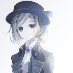 Rule 34 | 1girl, ascot, black coat, black hat, black vest, blue bow, boater hat, bow, brooch, coat, collared shirt, grey eyes, grey hair, hair bun, hat, hat bow, jewelry, looking at viewer, parted lips, rainyam6, reverse:1999, shirt, short hair, single side bun, solo, upper body, vertin (reverse:1999), vest, waistcoat, white ascot, white background, white shirt