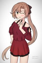 Rule 34 | 1girl, akigumo (kancolle), brown hair, contrapposto, dress, gradient background, green eyes, hair ribbon, highres, kantai collection, konato k, long hair, official alternate costume, one-hour drawing challenge, one eye closed, ponytail, red dress, ribbon, smile, solo, stylus, white background