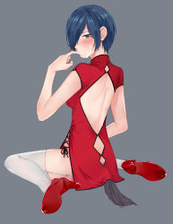 Rule 34 | 1girl, alternate costume, back cutout, backless dress, backless outfit, blue eyes, blue hair, blush, breasts, clothing cutout, dress, finger to mouth, from behind, g4265059, garter straps, grey background, hair over one eye, half-closed eye, high heels, highres, kirishima touka, kneeling, looking at viewer, looking back, medium breasts, no panties, pumps, red dress, red footwear, short hair, short sleeves, simple background, sitting, solo, suggestive fluid, tail, thighhighs, tokyo ghoul, white garter straps, white thighhighs