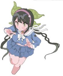 Rule 34 | 1girl, bell, black hair, blush, bow, bowtie, chabashira tenko, choker, choppy bangs, danganronpa (series), danganronpa v3: killing harmony, fighting stance, frilled skirt, frills, green eyes, hairband, highres, jjkf2874, long hair, looking ahead, low twintails, mole, mole under mouth, neck bell, pink choker, pink hairband, pinwheel hair ornament, running, school uniform, sketch, skirt, solo, twintails, very long hair, white background, white bow, white bowtie