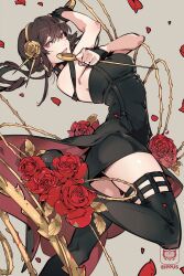 Rule 34 | 1girl, bare shoulders, black dress, black gloves, black thighhighs, blood, boots, breasts, dagger, dress, earrings, fingerless gloves, flower, gloves, gold earrings, gold hairband, hair ornament, hairband, highres, holding, holding dagger, holding knife, holding weapon, ippus, jewelry, knife, looking at viewer, medium breasts, off shoulder, pencil dress, petals, red eyes, sidelocks, solo, spy x family, thigh boots, thighhighs, two-sided dress, two-sided fabric, weapon, yor briar, zettai ryouiki