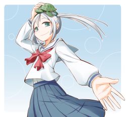 Rule 34 | 1girl, animal, beanpaste, blue background, foreshortening, from below, green eyes, highres, hoshi no samidare, looking at viewer, outside border, outstretched arm, outstretched hand, pleated skirt, ron yue, school uniform, serafuku, silver hair, skirt, smile, solo, tsukishiro yukimachi, turtle, twintails