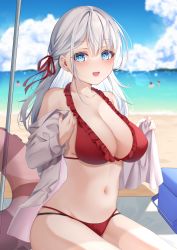 Rule 34 | 1girl, absurdres, backlighting, beach, beach mat, beach umbrella, bikini, blue eyes, blue sky, blush, breasts, cleavage, cloud, commentary request, cooler, day, frilled bikini, frills, hair ribbon, highres, innertube, large breasts, long hair, long sleeves, looking at viewer, nagi aoi, navel, off shoulder, open clothes, open mouth, open shirt, original, outdoors, red bikini, red ribbon, ribbon, sidelocks, sitting, sky, smile, solo focus, sparkle, stomach, string bikini, sunlight, swim ring, swimsuit, thighs, umbrella, white hair