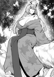 Rule 34 | 1girl, animal ears, barefoot, breasts, cleavage, closed mouth, fox ears, greyscale, huge breasts, in tree, japanese clothes, kimono, long hair, looking at viewer, monochrome, obmas, off shoulder, original, sash, sitting, sitting on branch, solo, tree